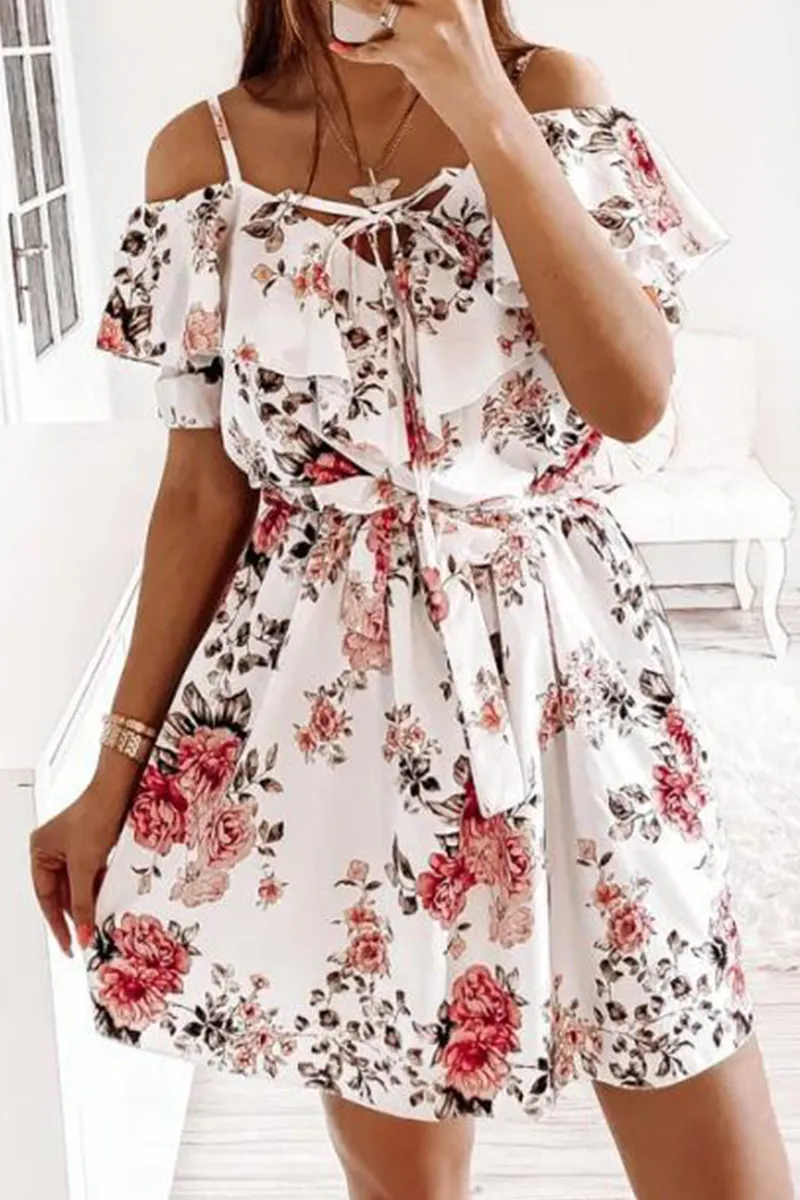 Elegant Floral Frenulum Flounce V Neck A Line Dresses