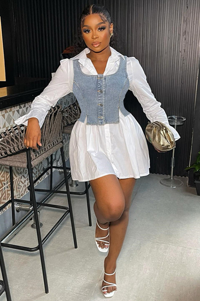 Denim Sleeveless Crop Vest Flare Sleeve White Blouse Mini Dress Two-Piece Set