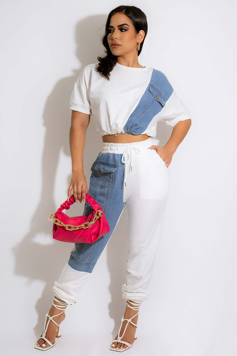 Denim Patchwork Short Sleeve Crop Top Drawstring Jogger Pants Matching Set