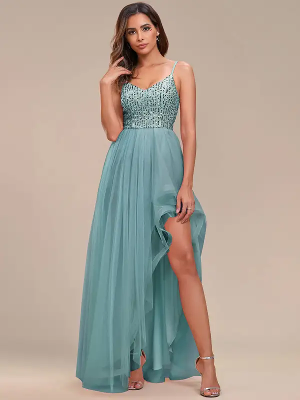 Spaghetti Straps Asymmetric Wholesale Sequin Tulle Evening Dresses