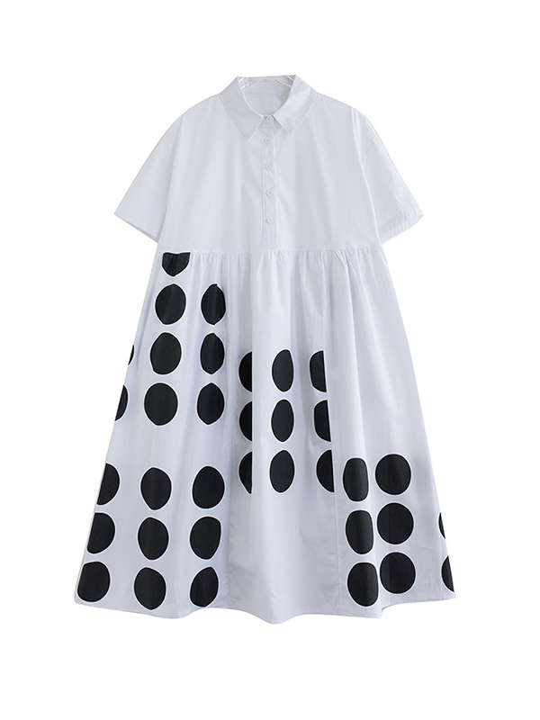 A-Line Loose Buttoned Pockets Polka Dot Printed Lapel Midi Dresses