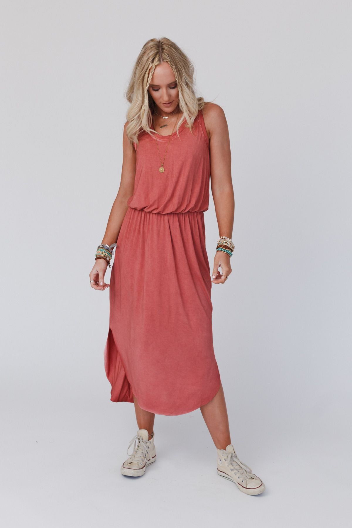 Betsy Stonewashed Midi Tank Dress - Rust