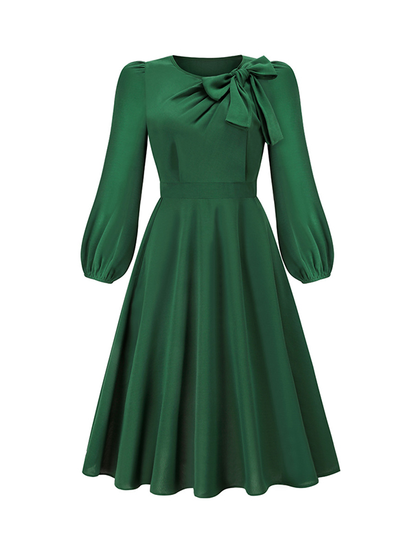 A-Line Long Sleeves Asymmetric Bowknot Elasticity Solid Color Round-Neck Midi Dresses