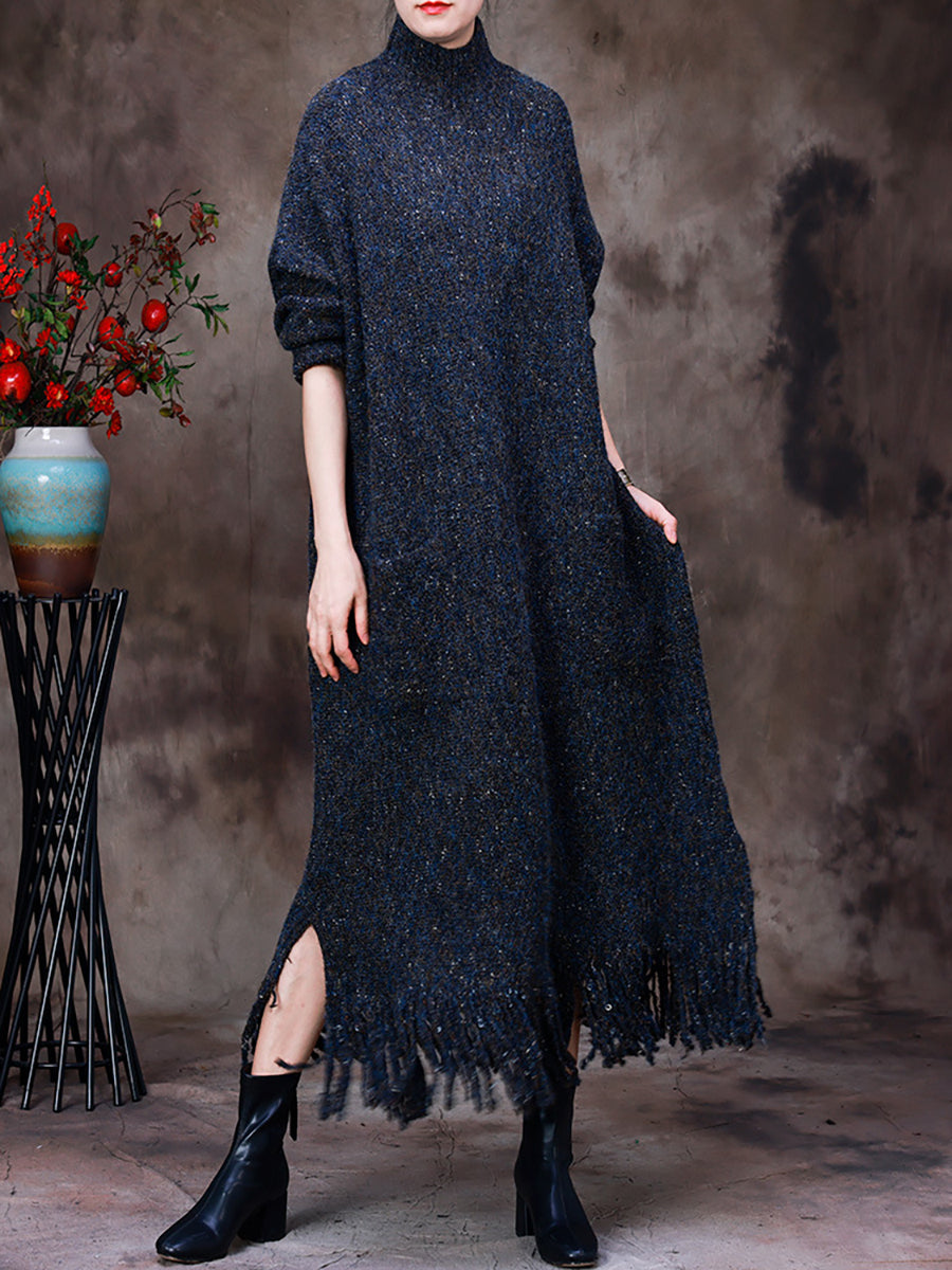 Winter Women Warm Wool Tassel Maxi Dress