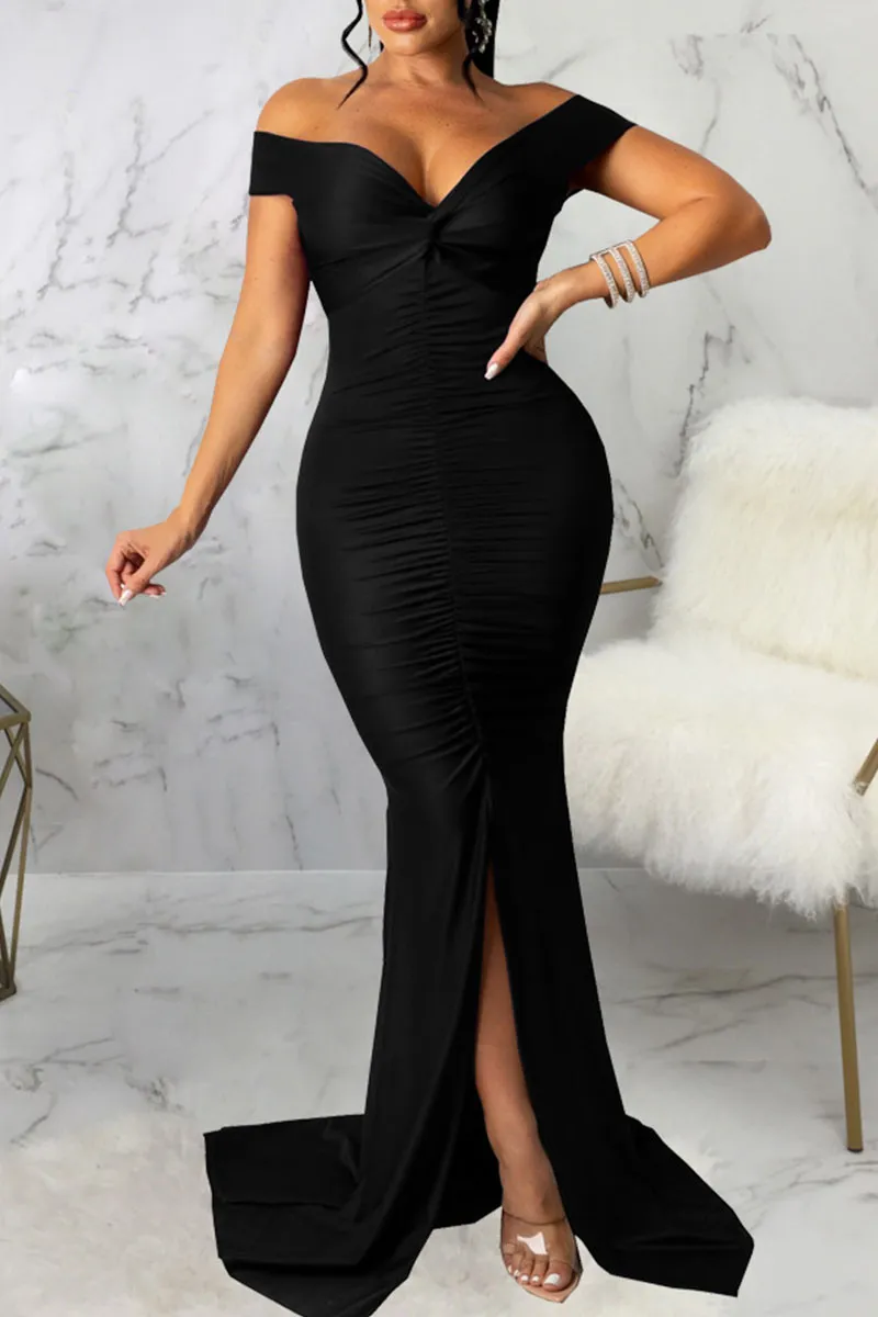 Purple Sexy Elegant Solid Split Joint Slit Fold V Neck Straight Dresses