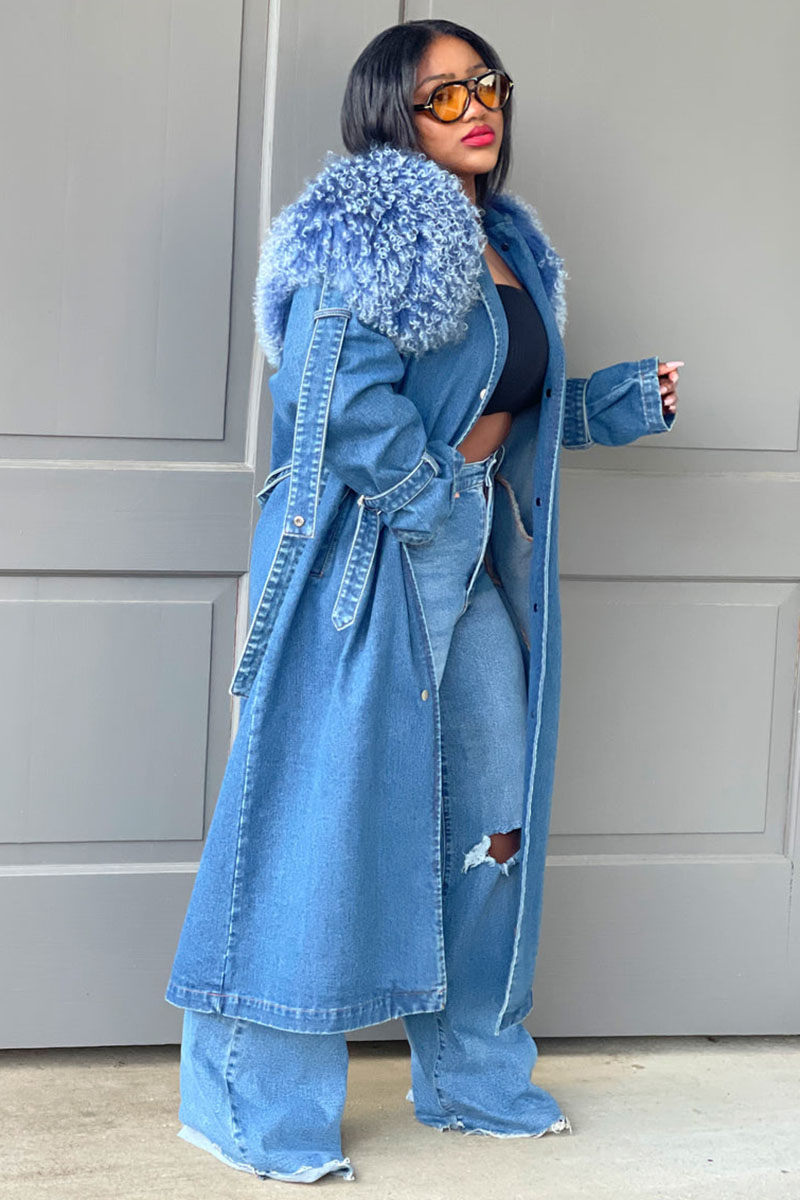 Fluffy Collar Button Tie Waist Denim Trench Coat [Pre Order]