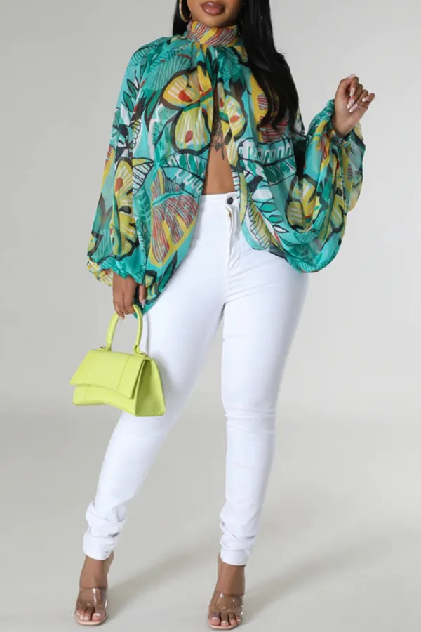 Light Green Casual Print Patchwork Slit Half A Turtleneck Tops