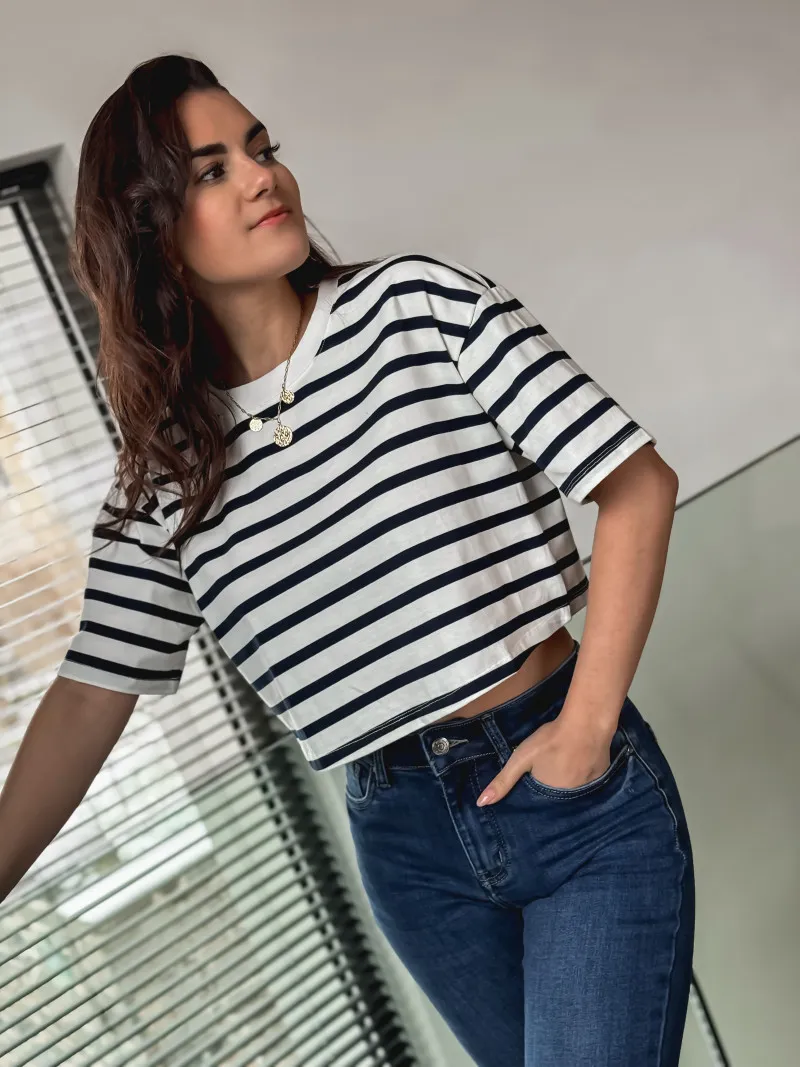 JANE STRIPED CROP T-SHIRT - NAVYWHITE