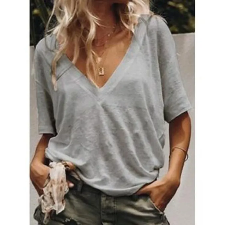 Women Casual Plain Basic V Neck Loose Summer Short Sleeve T-shirt