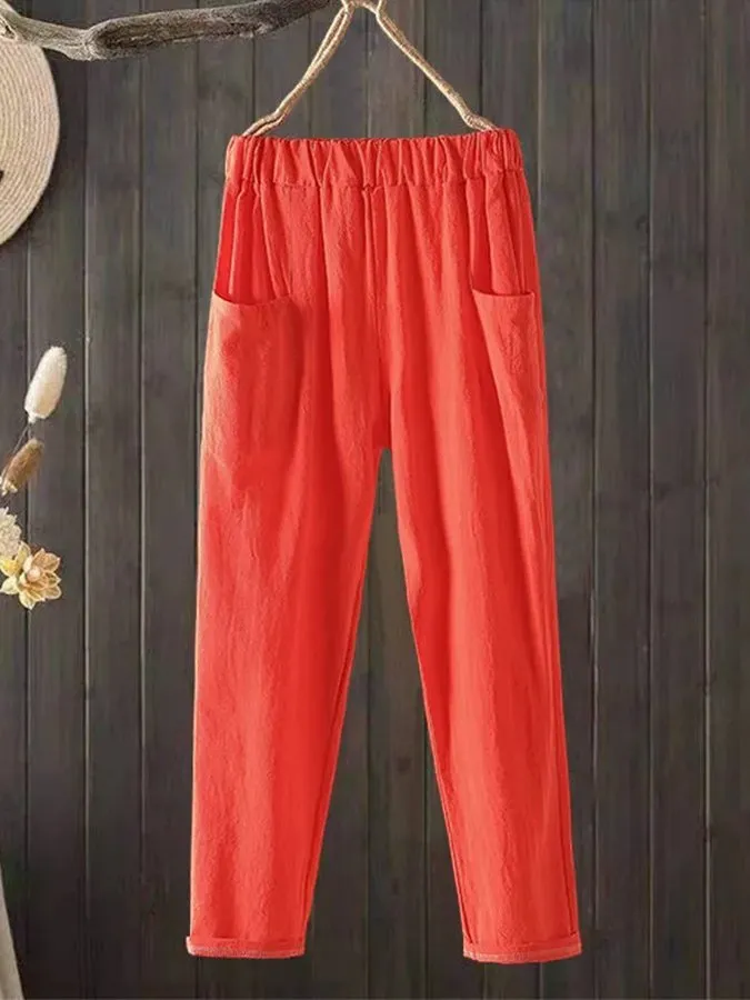 Women's Casual Pure Color Literary Cotton Pants