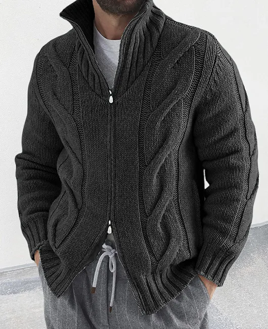 High Neck Two-way Zipper Twist Knit Sweater