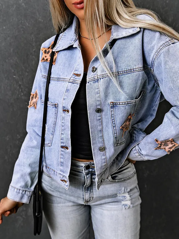 Casual leopard print star patchwork denim jacket