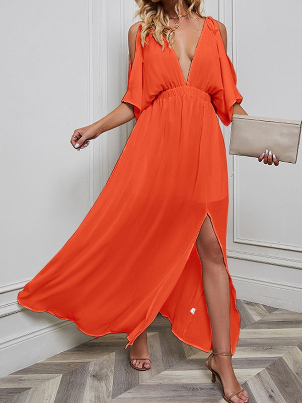 Batwing Sleeves Loose Solid Color Split-Front Deep V-Neck Maxi Dresses