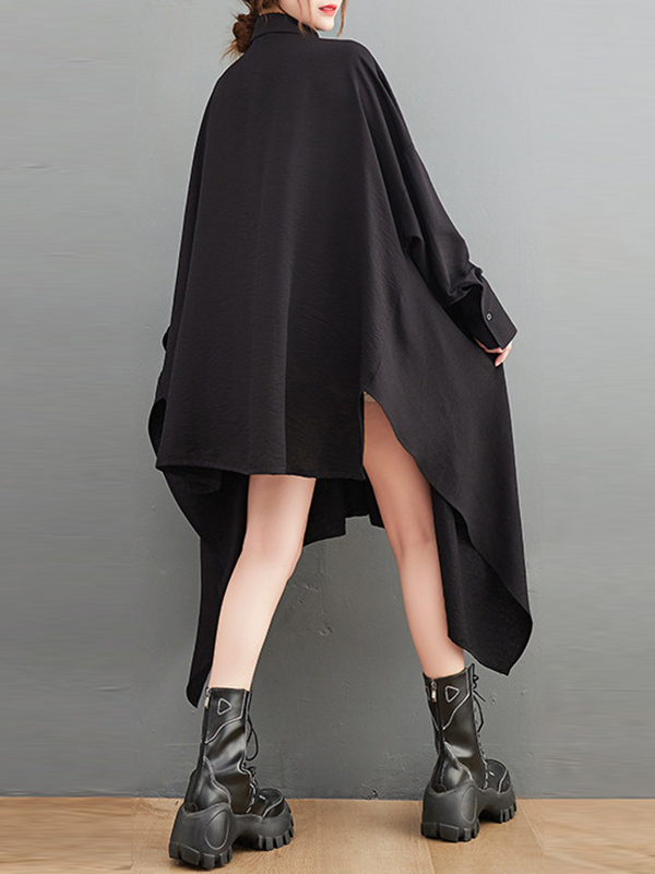 A-Line High-Low Asymmetric Buttoned Pockets Solid Color Lapel Midi Dresses Shirt Dress