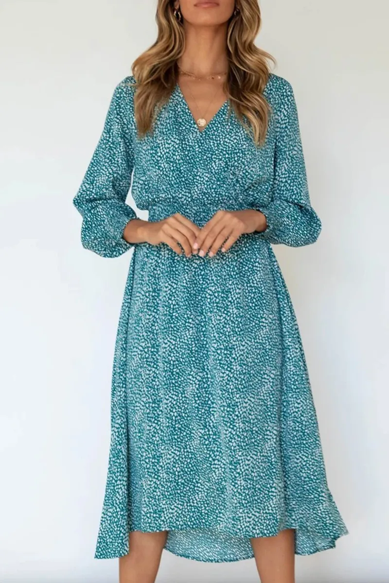 Elegant Print Split Joint V Neck Dresses