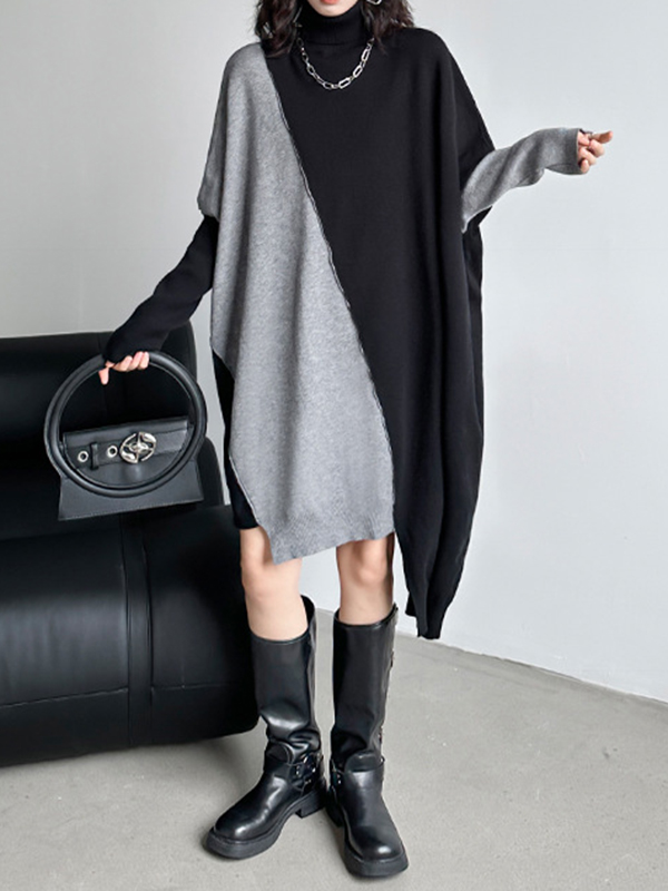 Batwing Sleeves Long Sleeves Asymmetric Contrast Color Split-Joint High Neck Midi Dresses Sweater Dresses