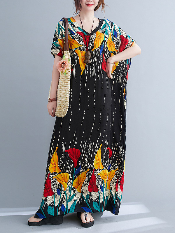 Ethnic Printed Vintage Super Loose Batwing Sleeve Dress