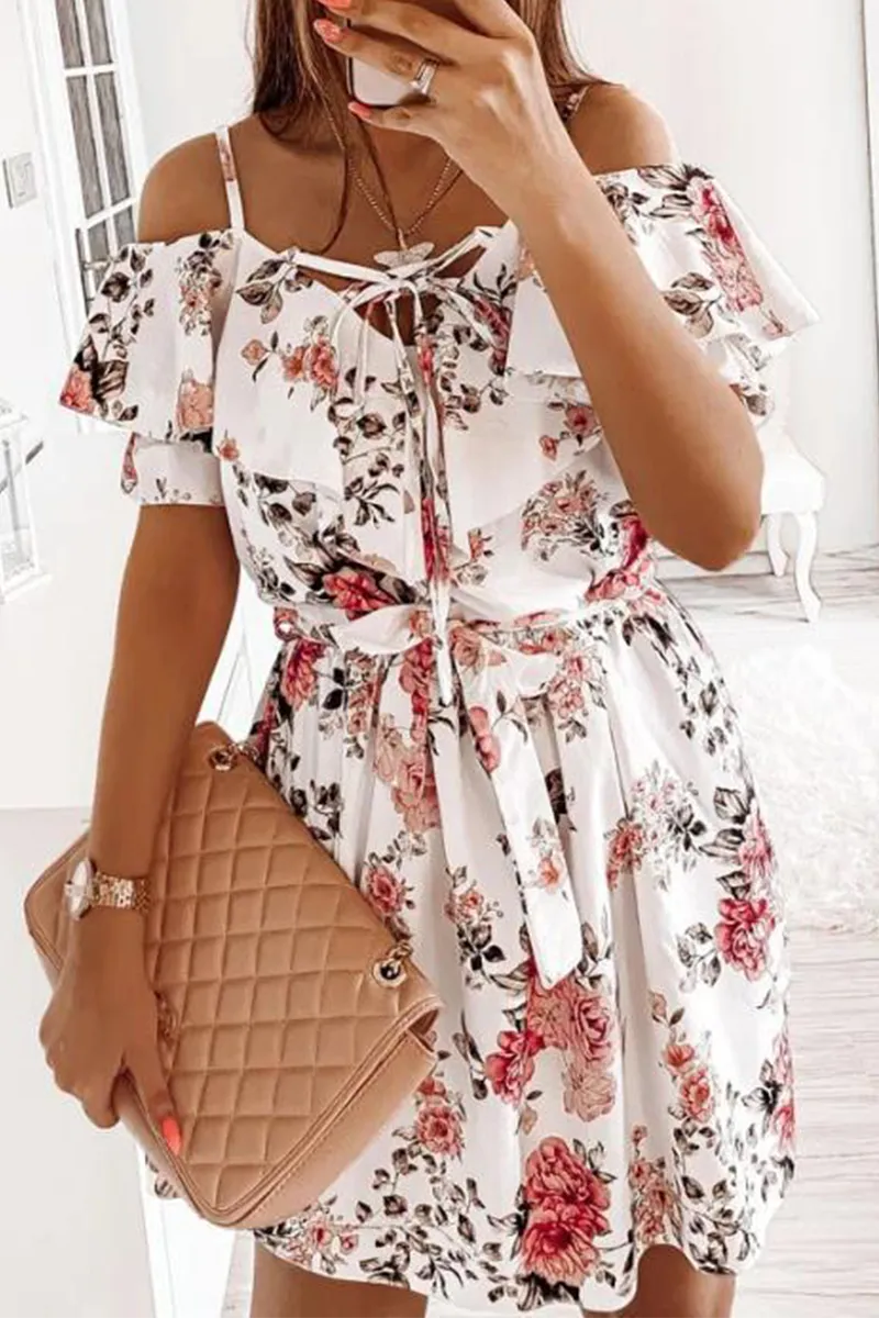 Elegant Floral Frenulum Flounce V Neck A Line Dresses