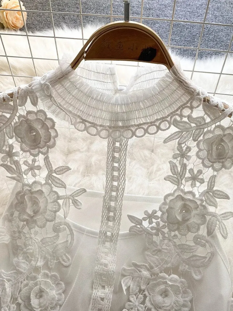 Women's elegant white lace shirt with lantern sleeves