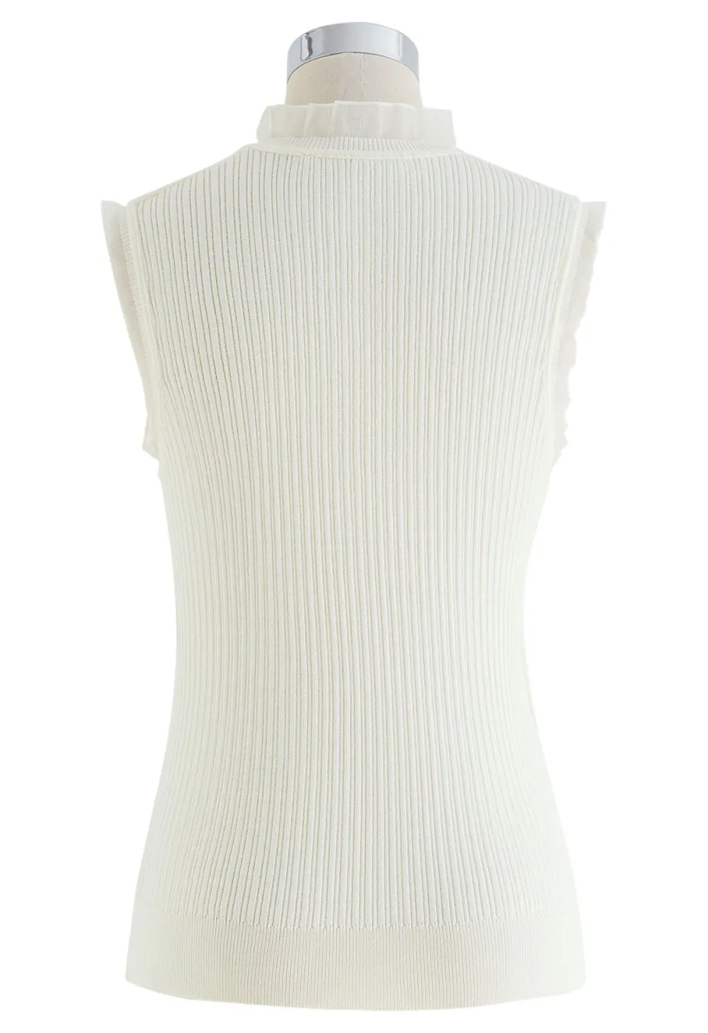 RUFFLED MOCK NECK MESH SPLICED KNIT TOP IN IVORY