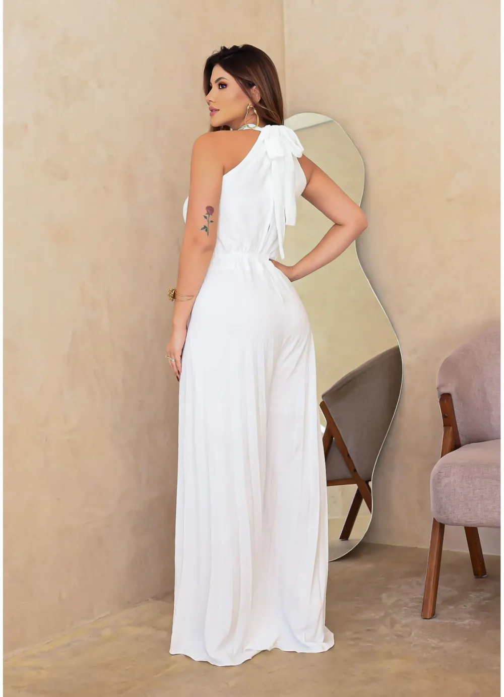 PLEATED WIDE LEG JUMPSUIT WITH TIE BACK