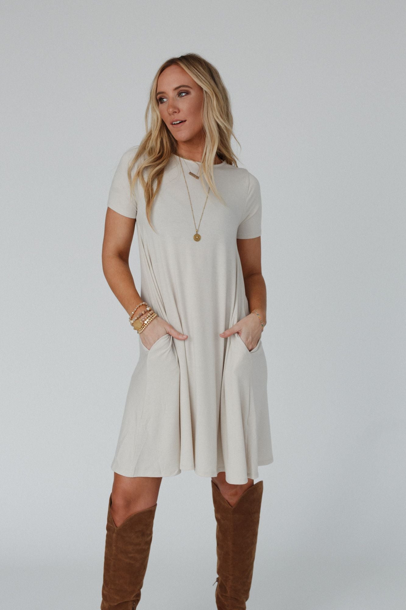 Lyric Pocket Tee Dress - Beige