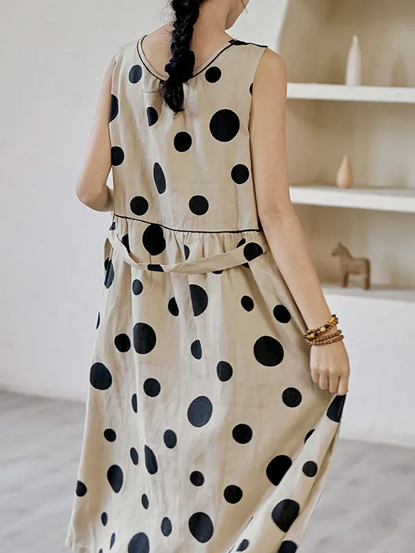 Loose Sleeveless Contrast Color Pleated Polka-Dot Split-Joint Tied Waist Round-Neck Midi Dresses