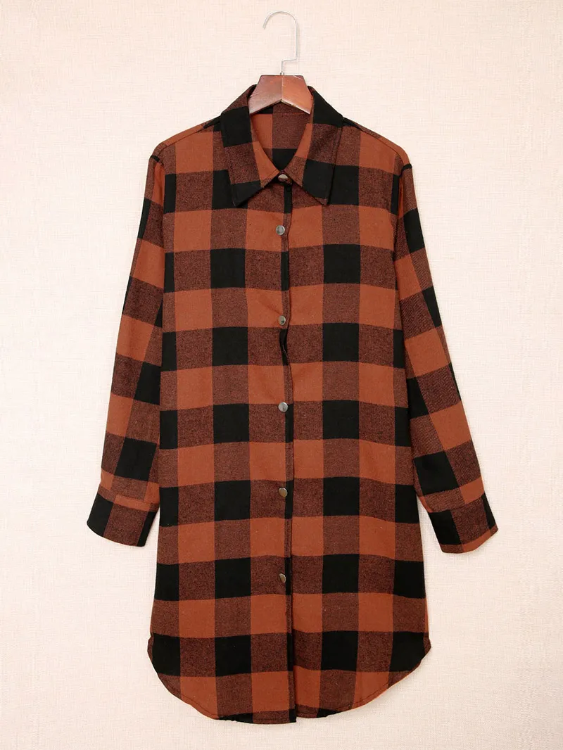 Brown Turn-down Collar Plaid Shirt Coat