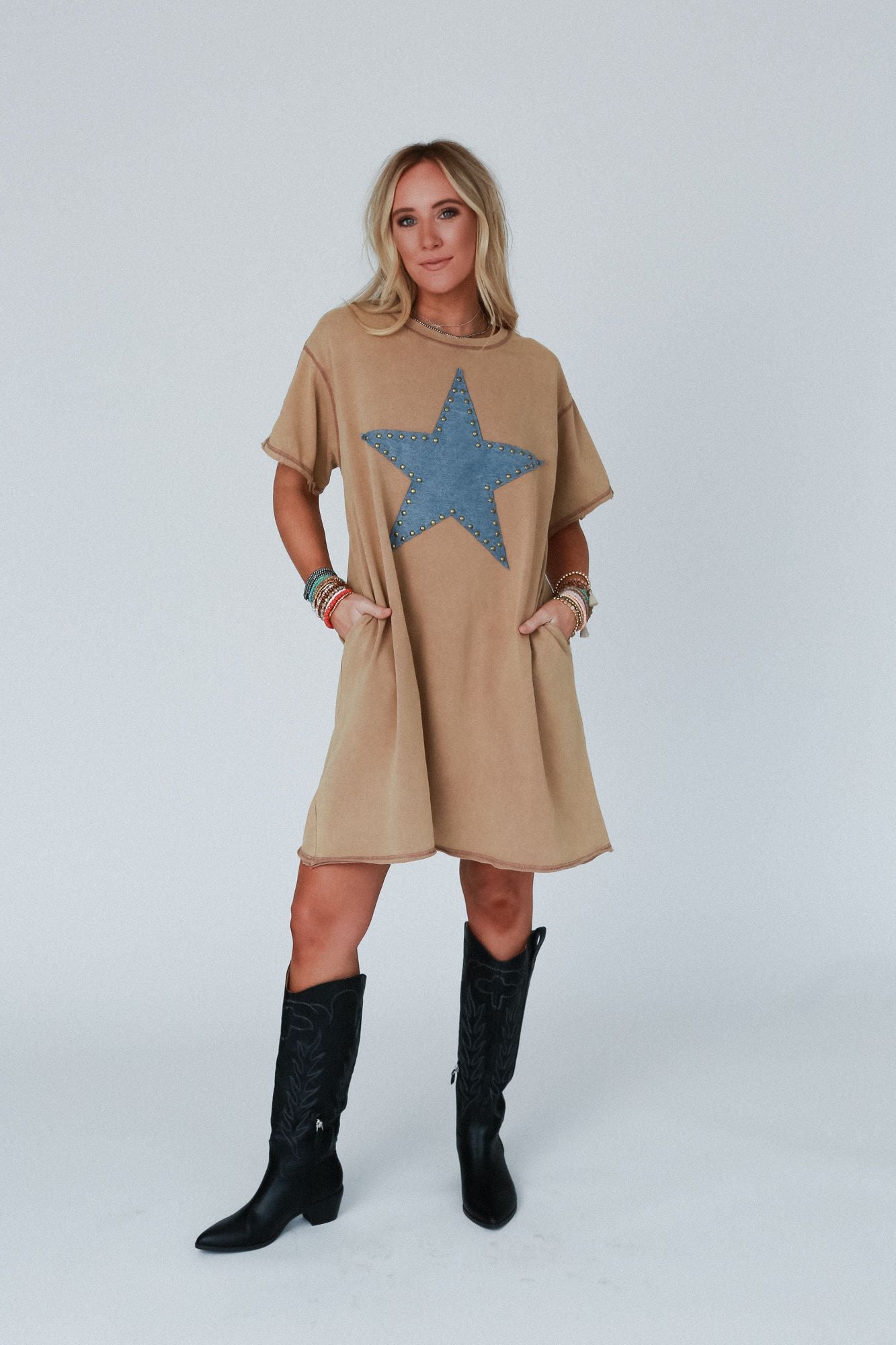 Celestial Star Patch Tee Dress - Latte