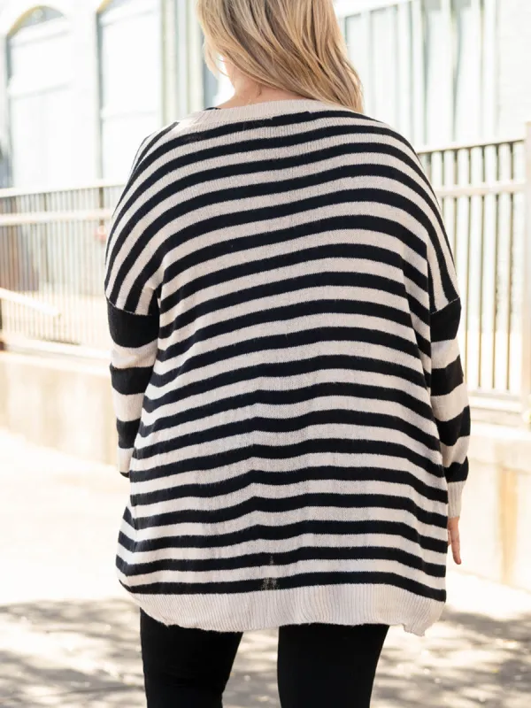 Black and white striped knitted cardigan