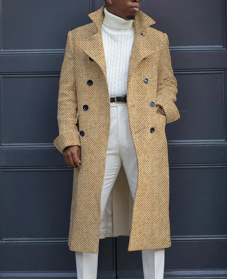 Okaywear Herringbone Pattern Notch Lapel Double Breasted Pockets Coat