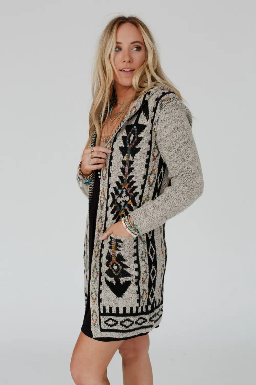 Way to Roam Aztec Print Hooded Cardigan - Oatmeal