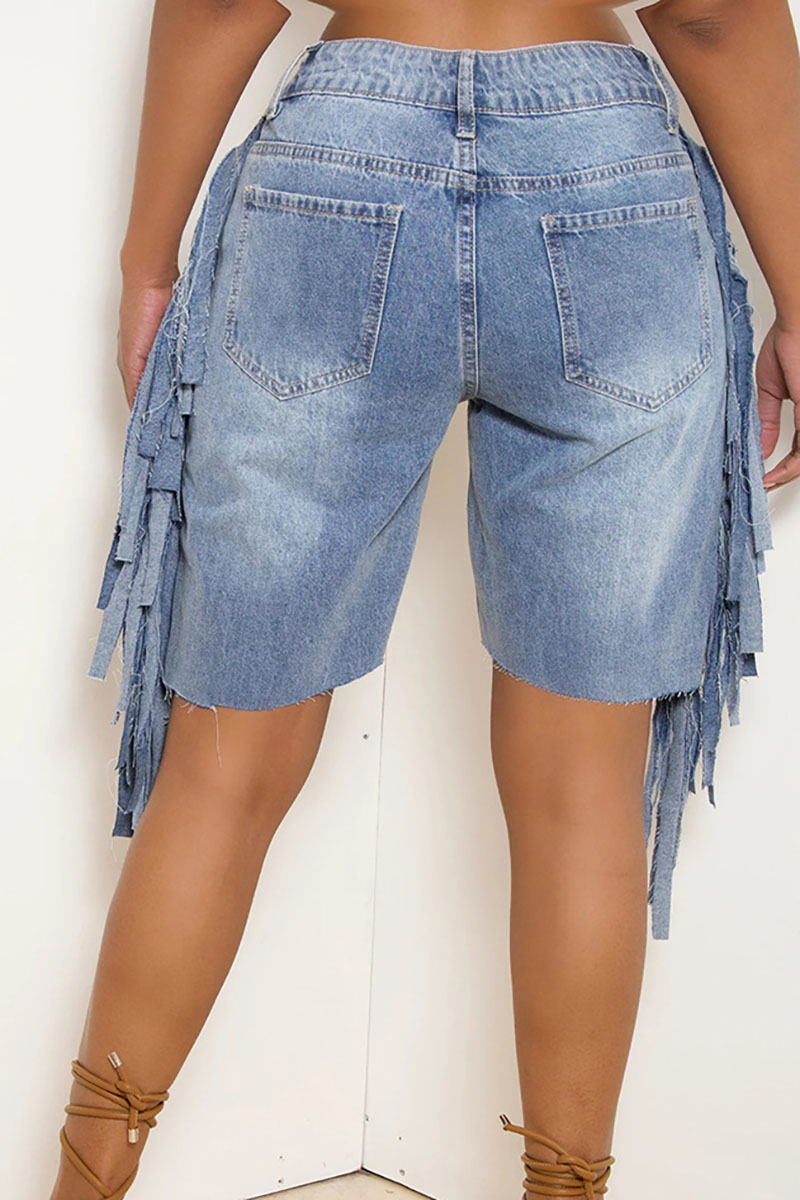 Denim Fringed Ripped High Waist Pocket Shorts