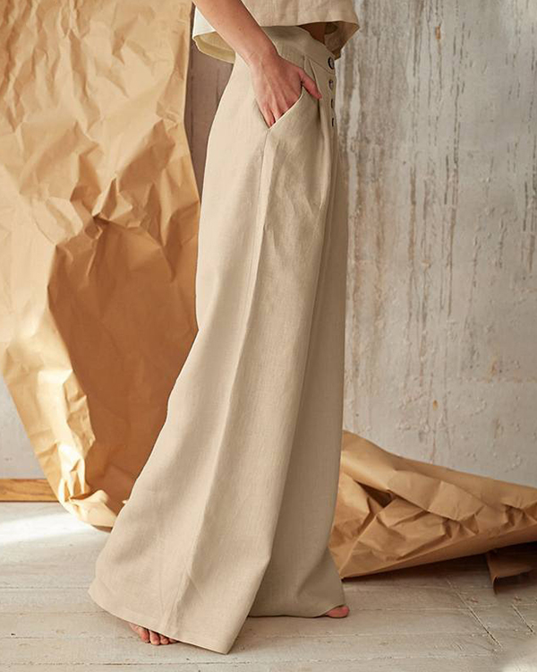 Casual Button Linen Wide-Leg Pants