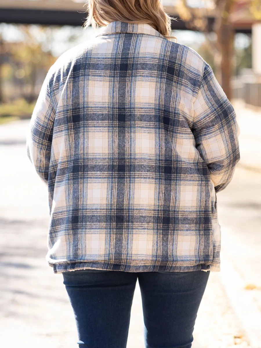 Blue plaid pattern pocket loose plush jacket