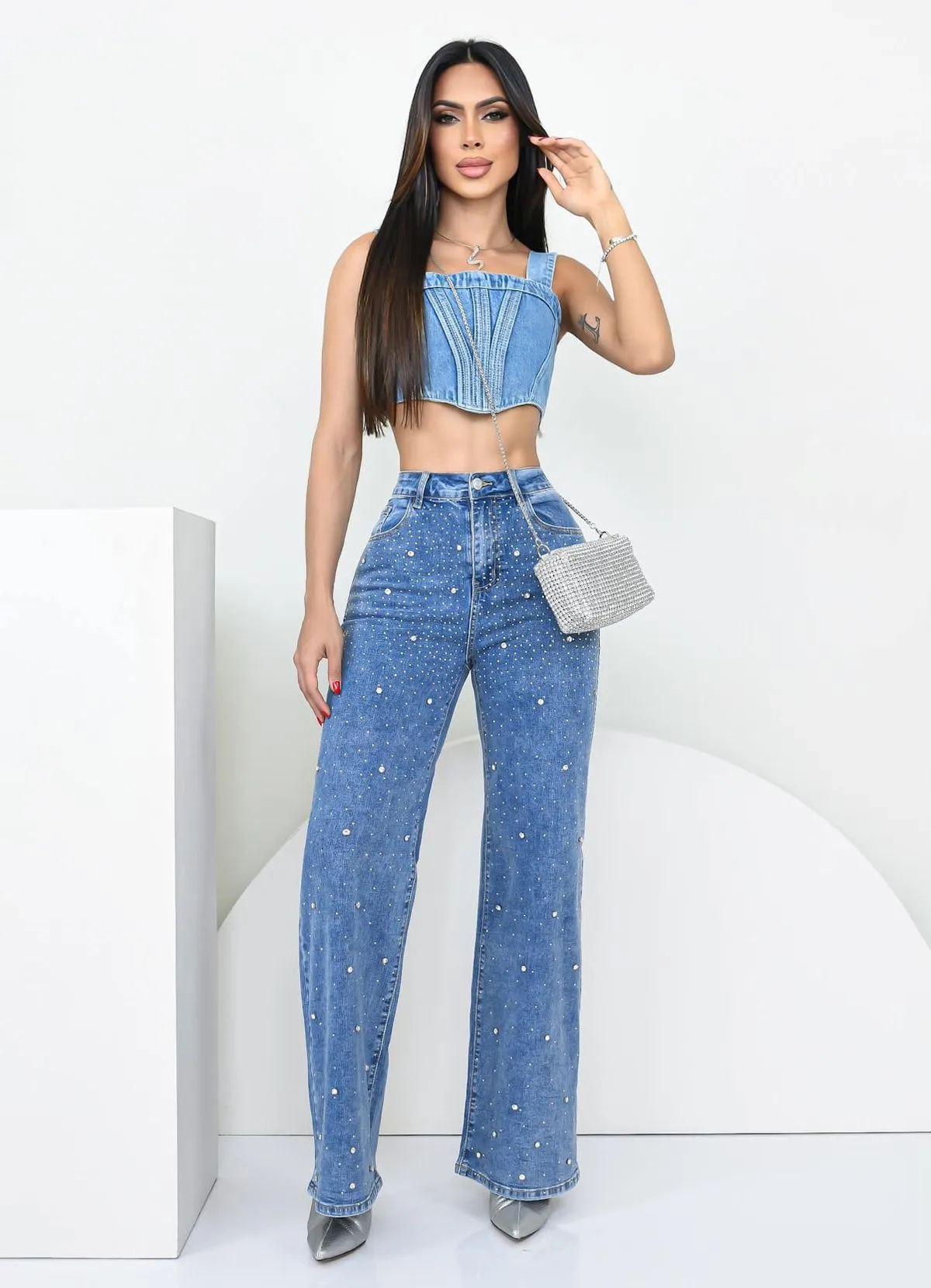 Wide Leg Jeans with Rhinestone Applique - P;Medium Jeans