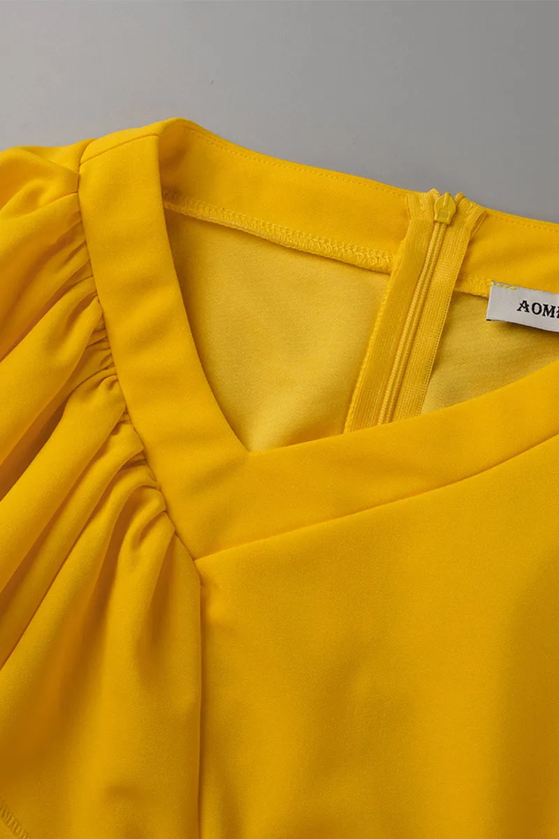 Yellow Elegant Solid Split Joint Fold Asymmetrical Collar A Line Dresses