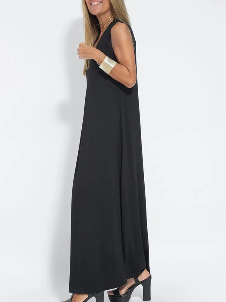 Women Casual Solid Color Sleeveless Maxi Dress