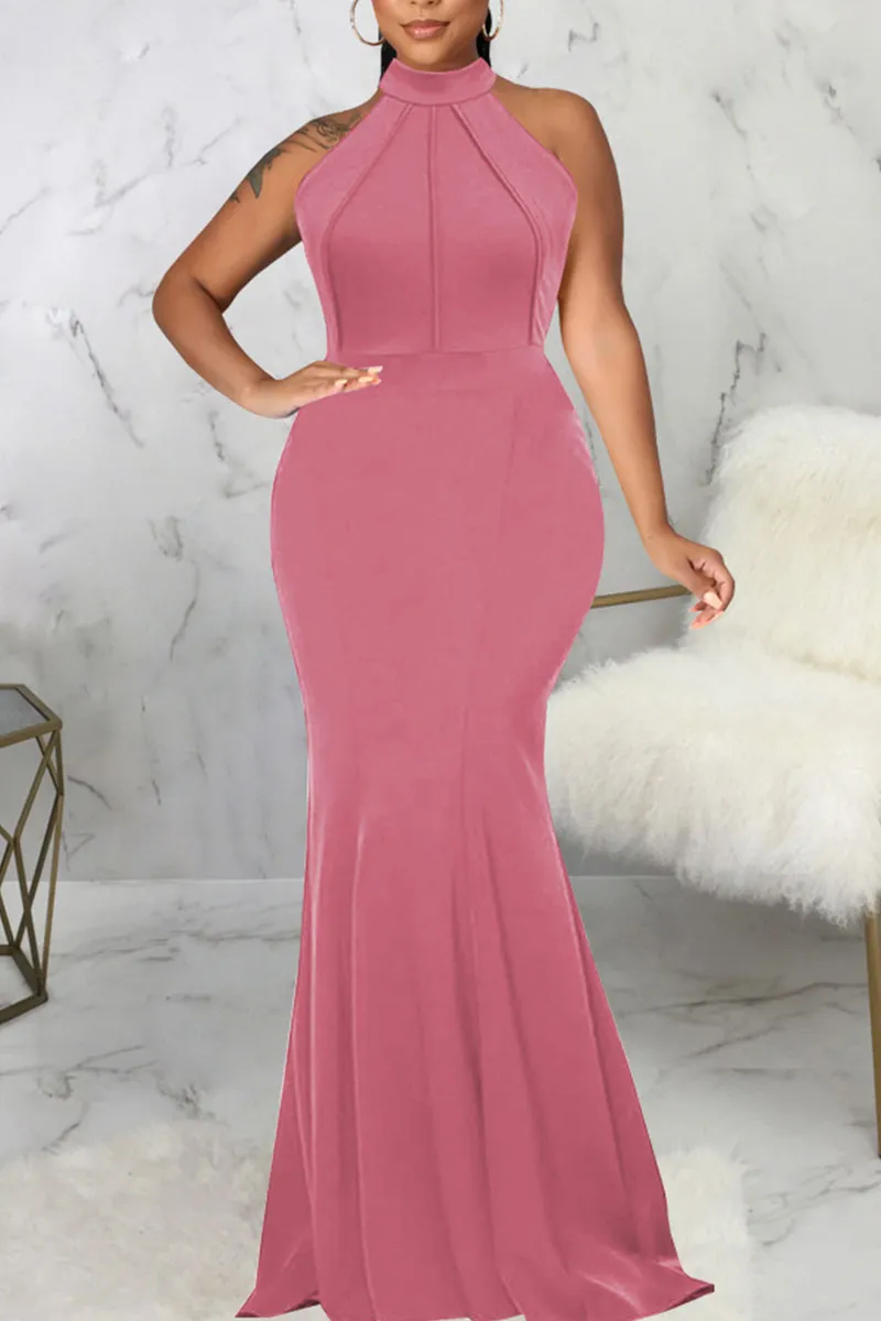 Pink Elegant Solid Patchwork Half A Turtleneck Evening Dress Dresses