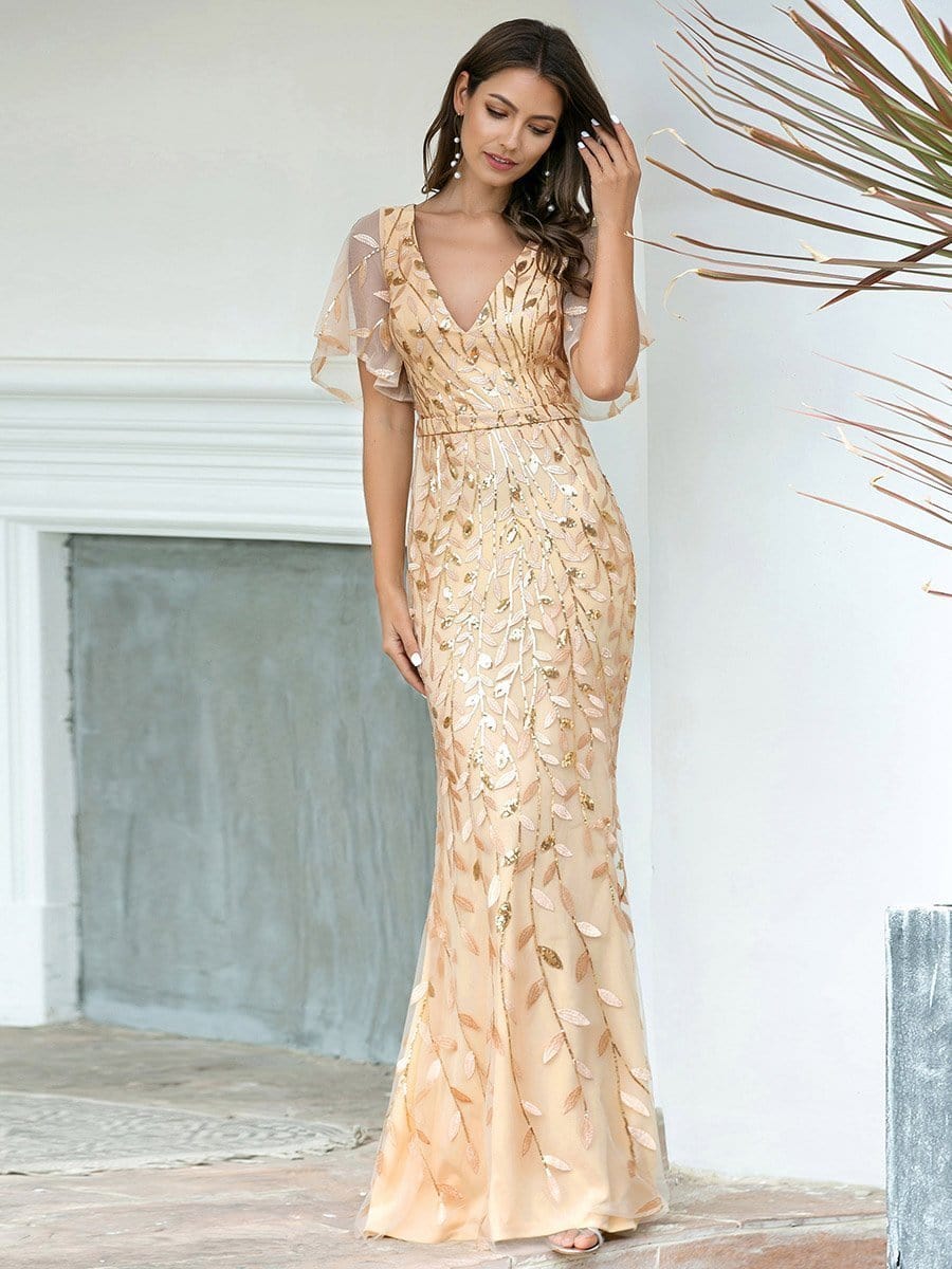 Gorgeous V Neck Leaf-Sequined Fishtail Wholesale Party Dress