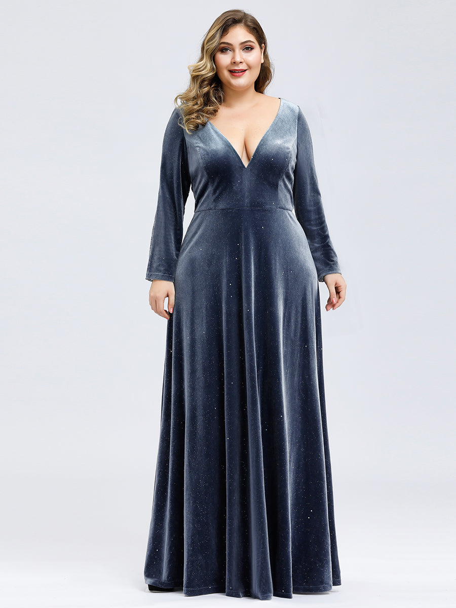 Women's V-Neck Floor Length Velvet Prom Dresses With Long Sleeve