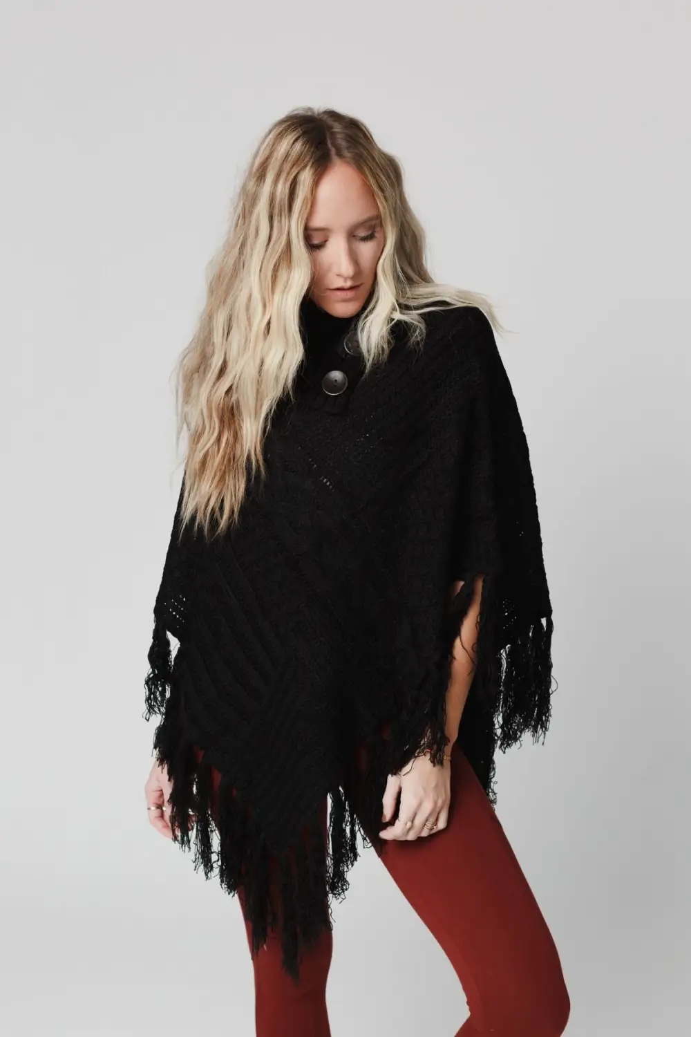 Cozy Cabin Turtleneck Poncho - Black