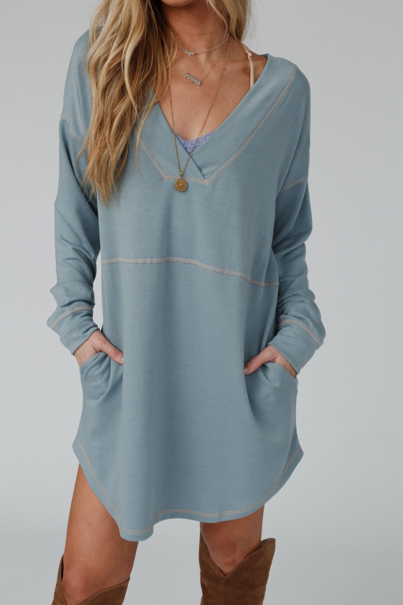 Meadow Long Sleeve Tunic Dress - Electric Blue