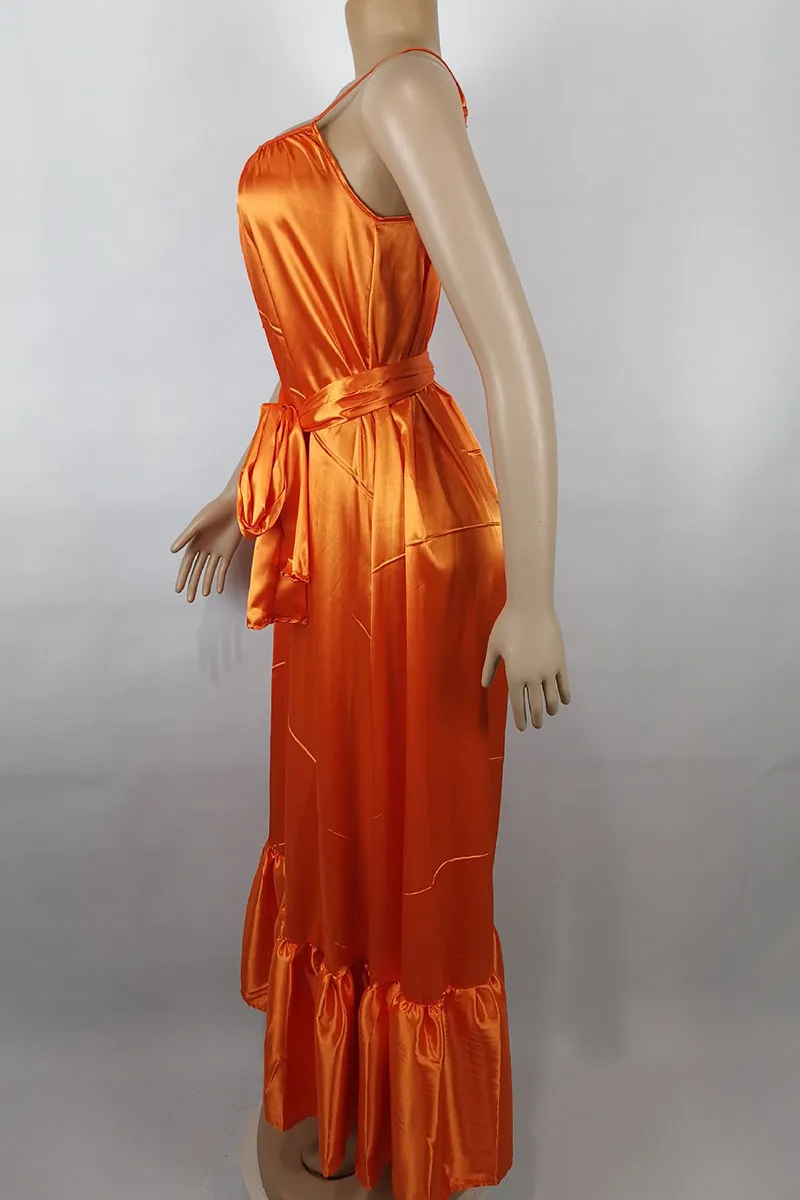 Tangerine Red Elegant Solid Split Joint Spaghetti Strap A Line Dresses