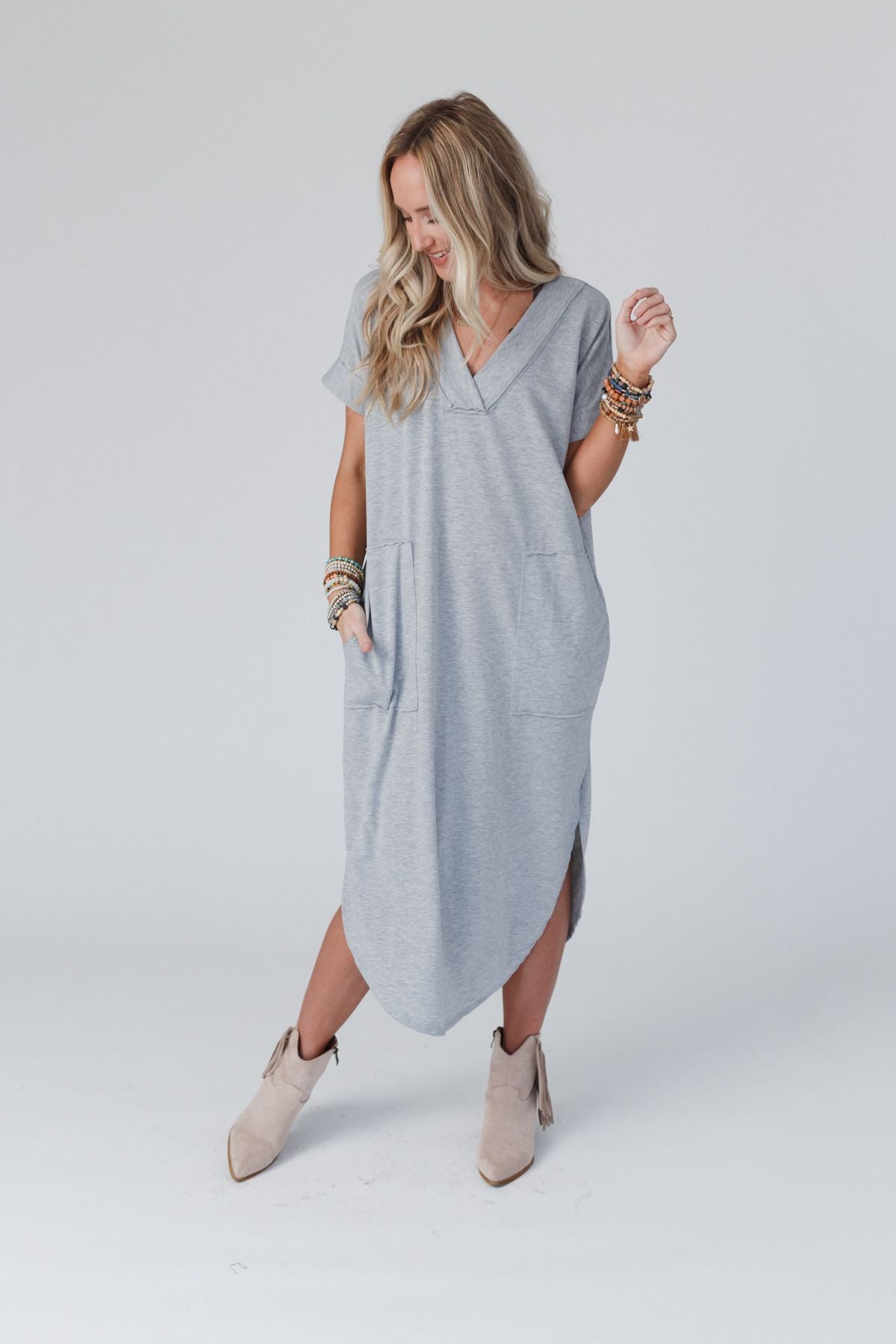 On The Go Round Hem Pocketed Midi Dress - Heather Gray