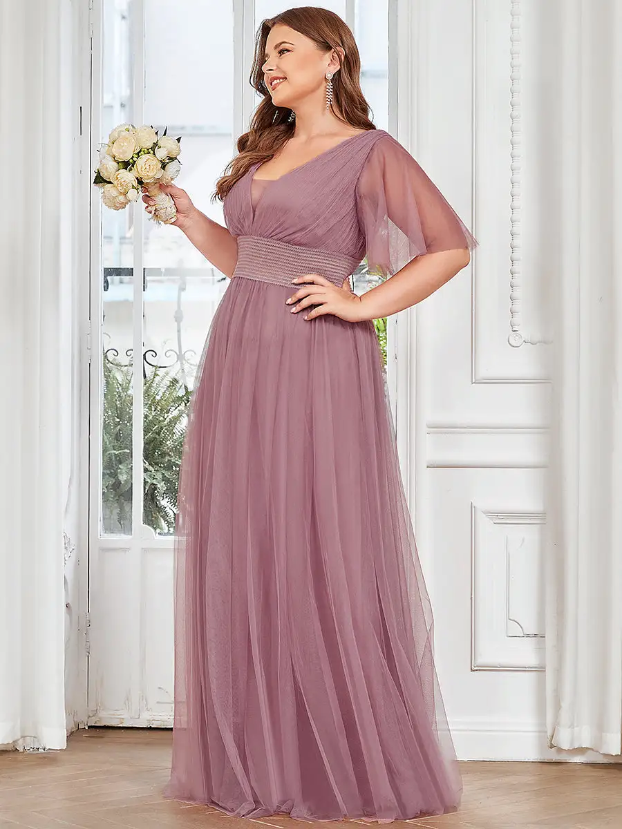 Plus Deep V-Neck Short Ruffles Sleeves A Line Wholesale Bridesmaid Dresses