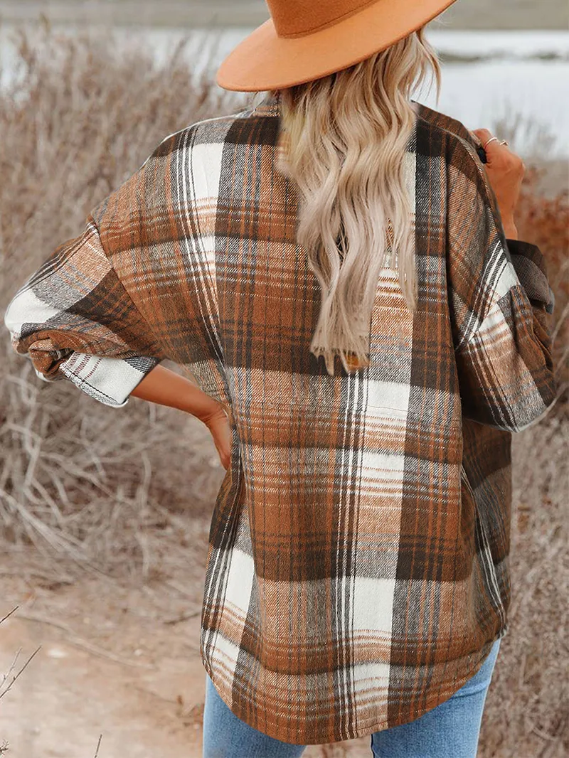 Brown Plaid Flap Pockets Shacket