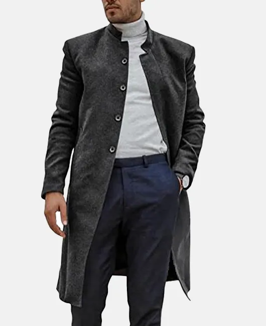 Daily Stand Collar Single Breasted Plain Long Wool Coat