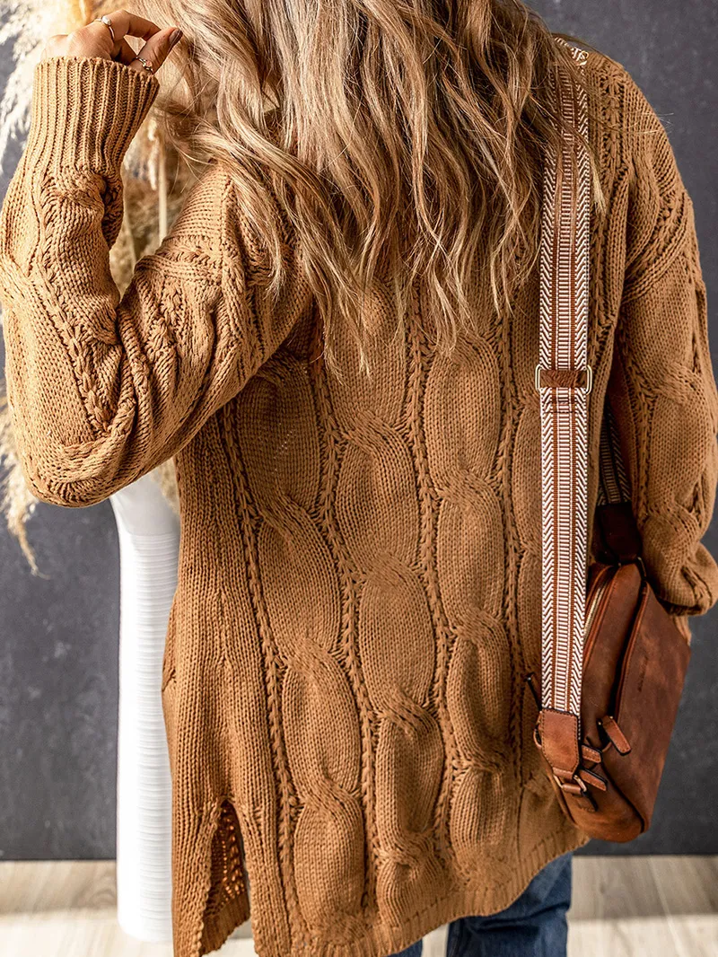 Khaki Ribbed Trim Eyelet Cable Knit Cardigan