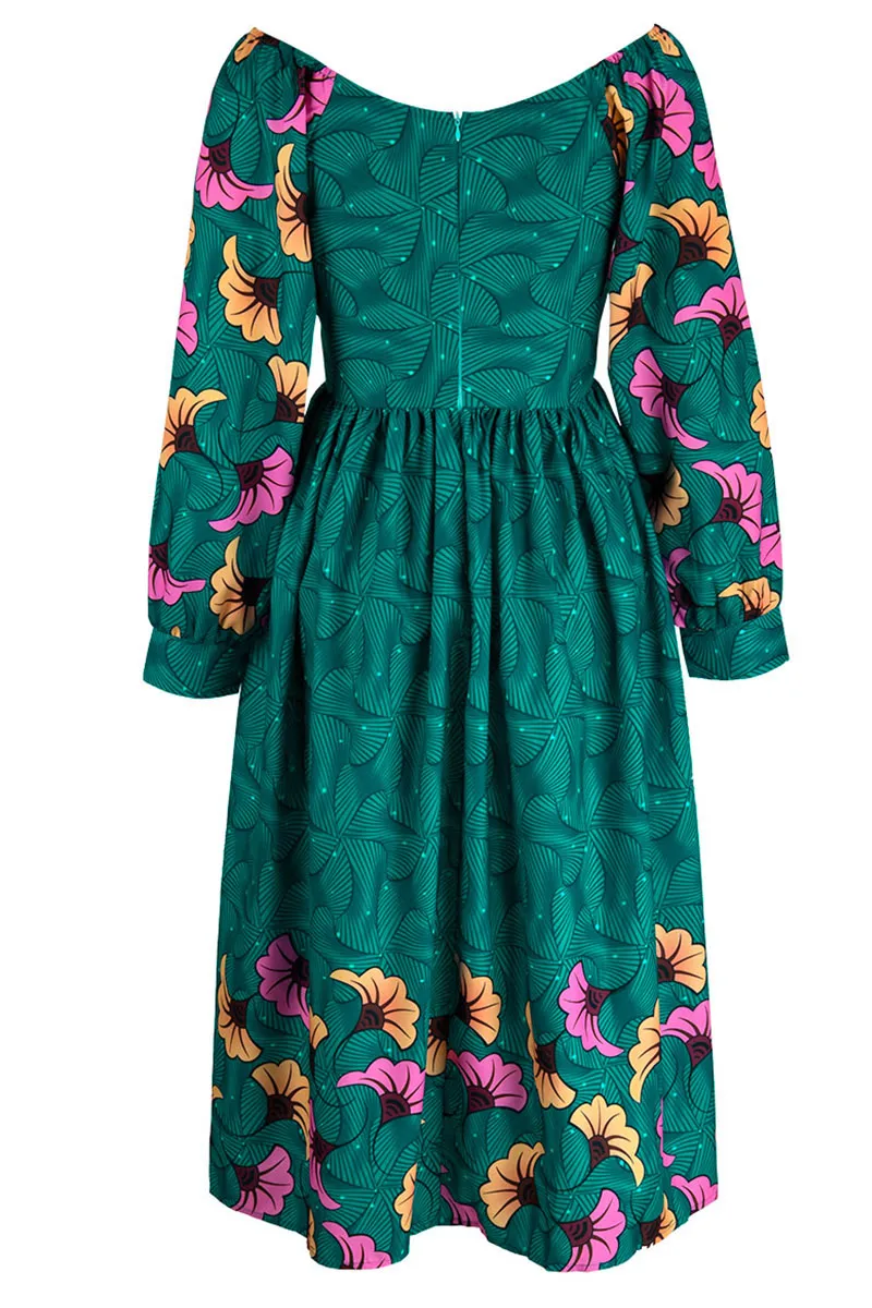 Green Casual Elegant Print Patchwork V Neck A Line Dresses